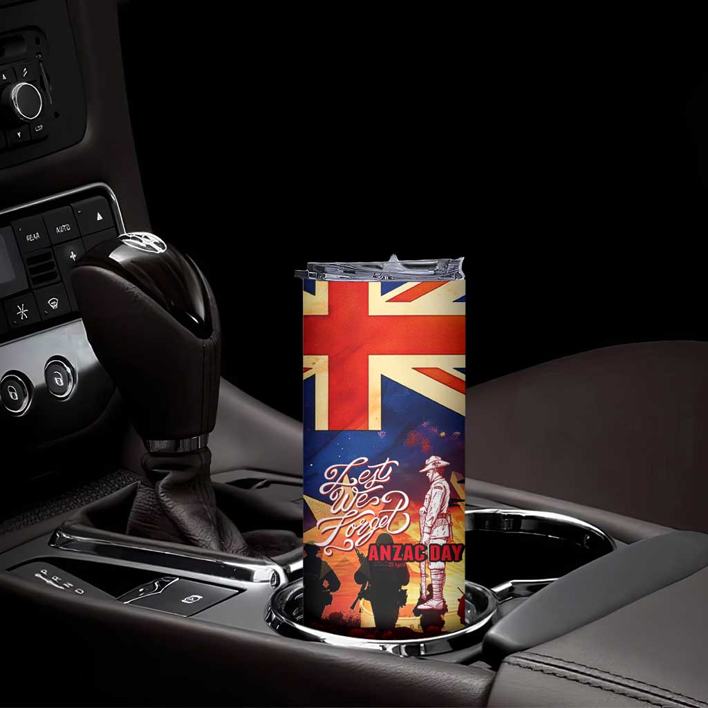 Australia ANZAC Day Skinny Tumbler Let We Forget - Tribute Art with Soldiers and Poppies