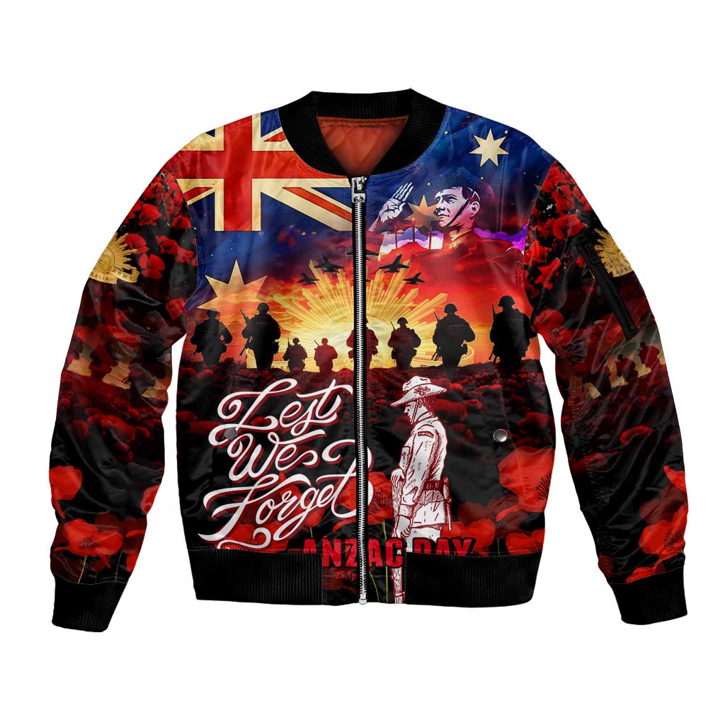Australia ANZAC Day Sleeve Zip Bomber Jacket Let We Forget - Tribute Art with Soldiers and Poppies
