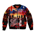 Australia ANZAC Day Sleeve Zip Bomber Jacket Let We Forget - Tribute Art with Soldiers and Poppies
