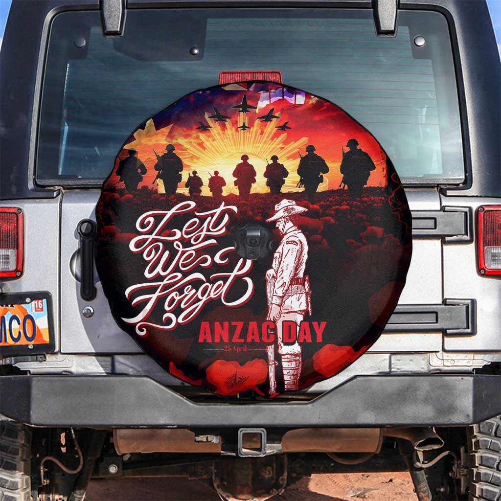 Australia ANZAC Day Spare Tire Cover Let We Forget - Tribute Art with Soldiers and Poppies