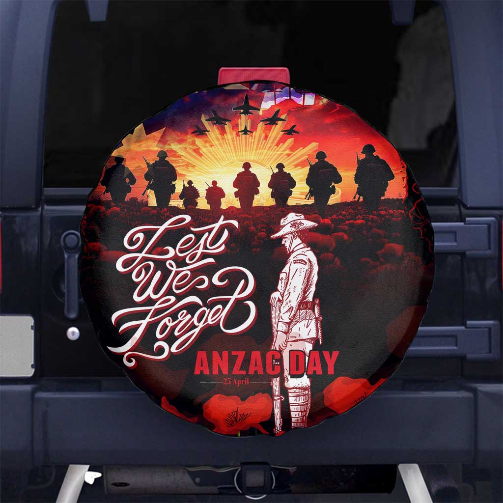 Australia ANZAC Day Spare Tire Cover Let We Forget - Tribute Art with Soldiers and Poppies
