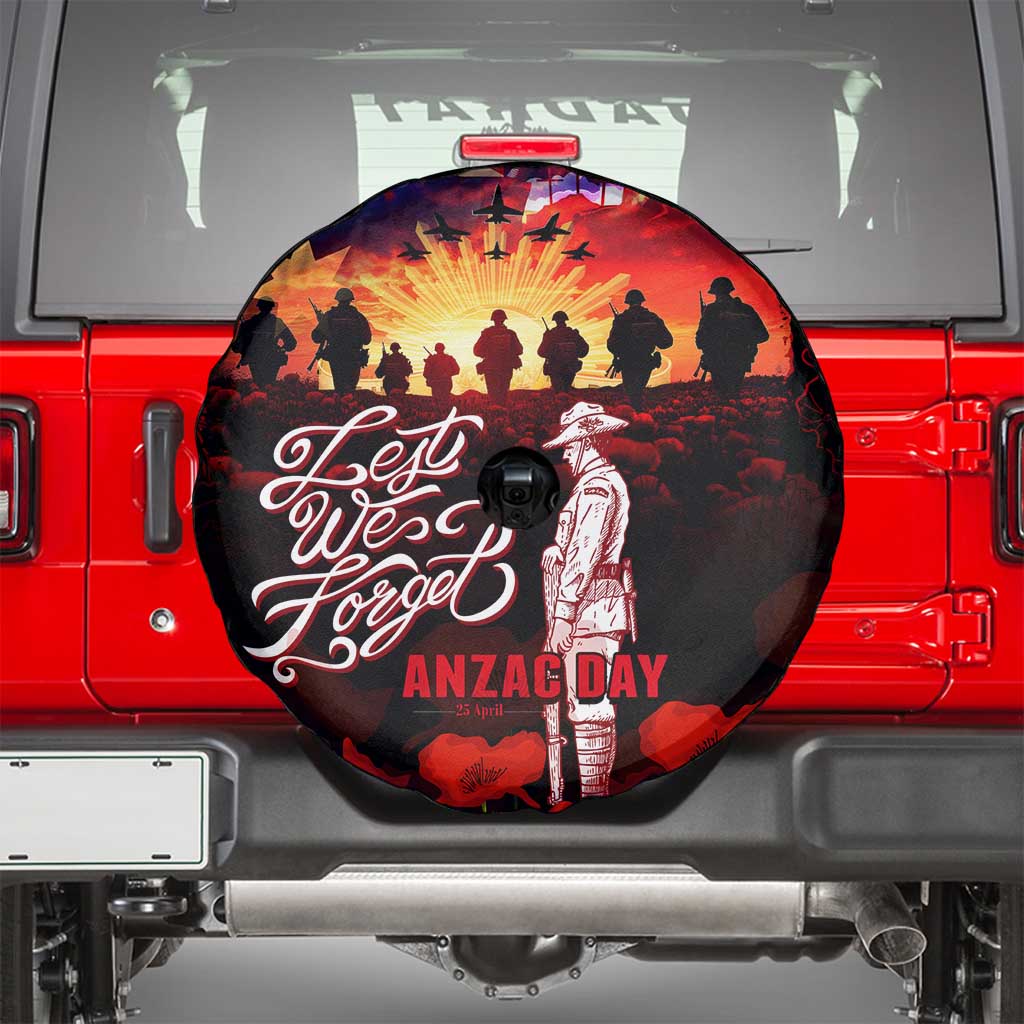 Australia ANZAC Day Spare Tire Cover Let We Forget - Tribute Art with Soldiers and Poppies