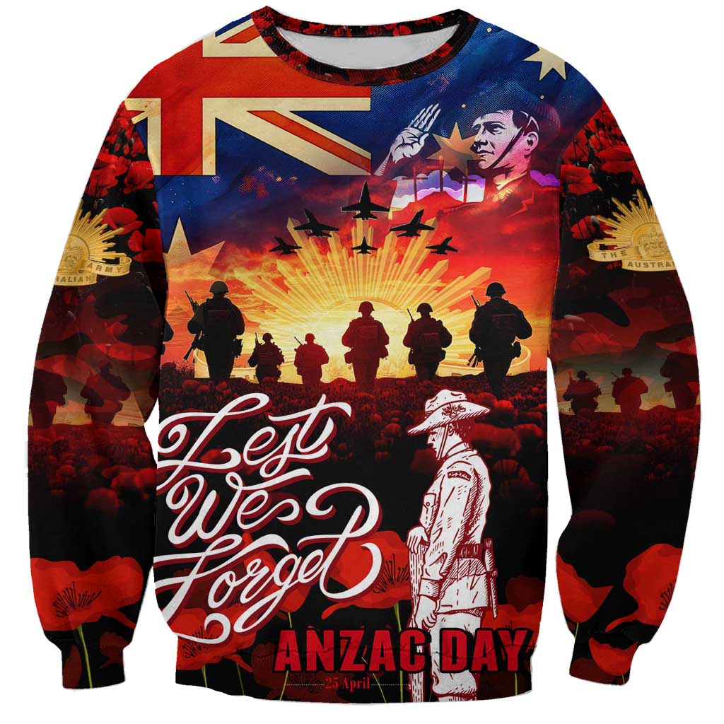 Australia ANZAC Day Sweatshirt Let We Forget - Tribute Art with Soldiers and Poppies