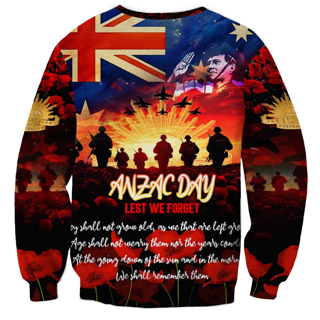 Australia ANZAC Day Sweatshirt Let We Forget - Tribute Art with Soldiers and Poppies
