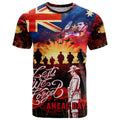 Australia ANZAC Day T Shirt Let We Forget - Tribute Art with Soldiers and Poppies