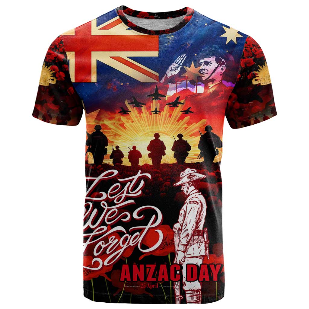 Australia ANZAC Day T Shirt Let We Forget - Tribute Art with Soldiers and Poppies