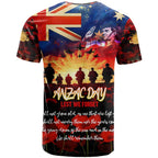 Australia ANZAC Day T Shirt Let We Forget - Tribute Art with Soldiers and Poppies