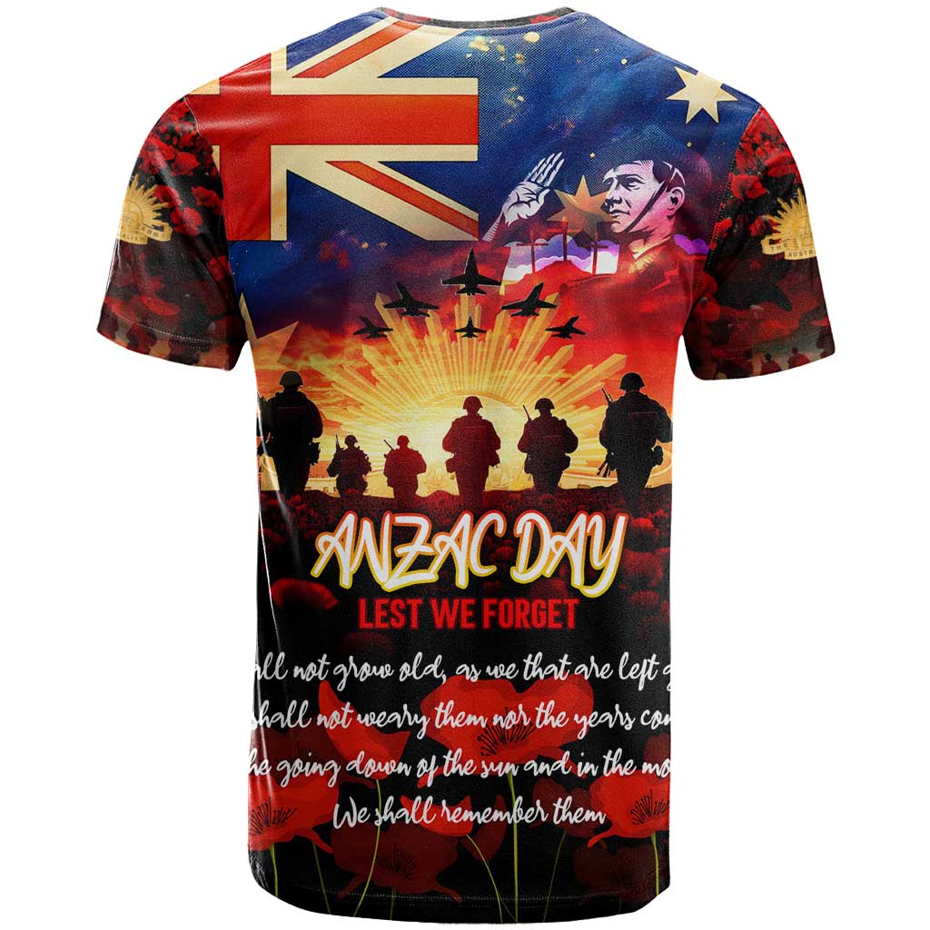 Australia ANZAC Day T Shirt Let We Forget - Tribute Art with Soldiers and Poppies