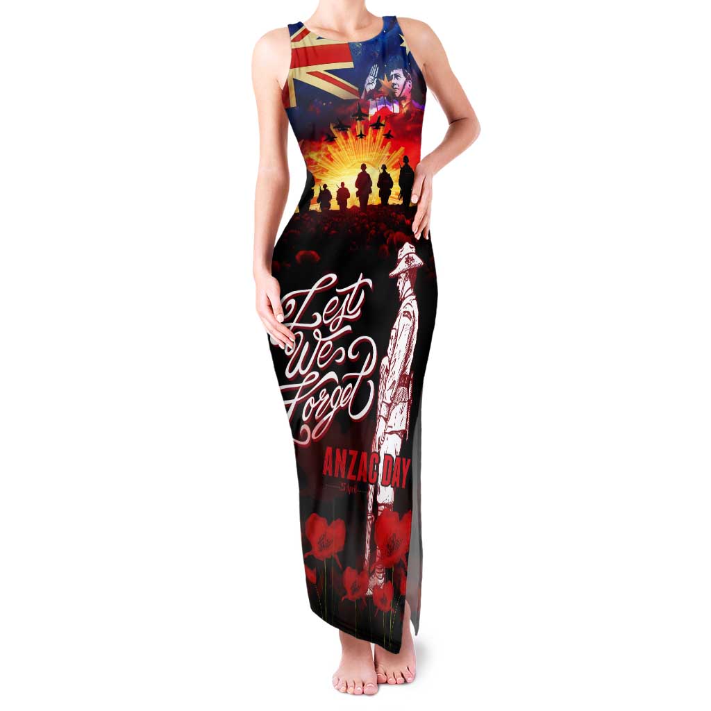Australia ANZAC Day Tank Maxi Dress Let We Forget - Tribute Art with Soldiers and Poppies