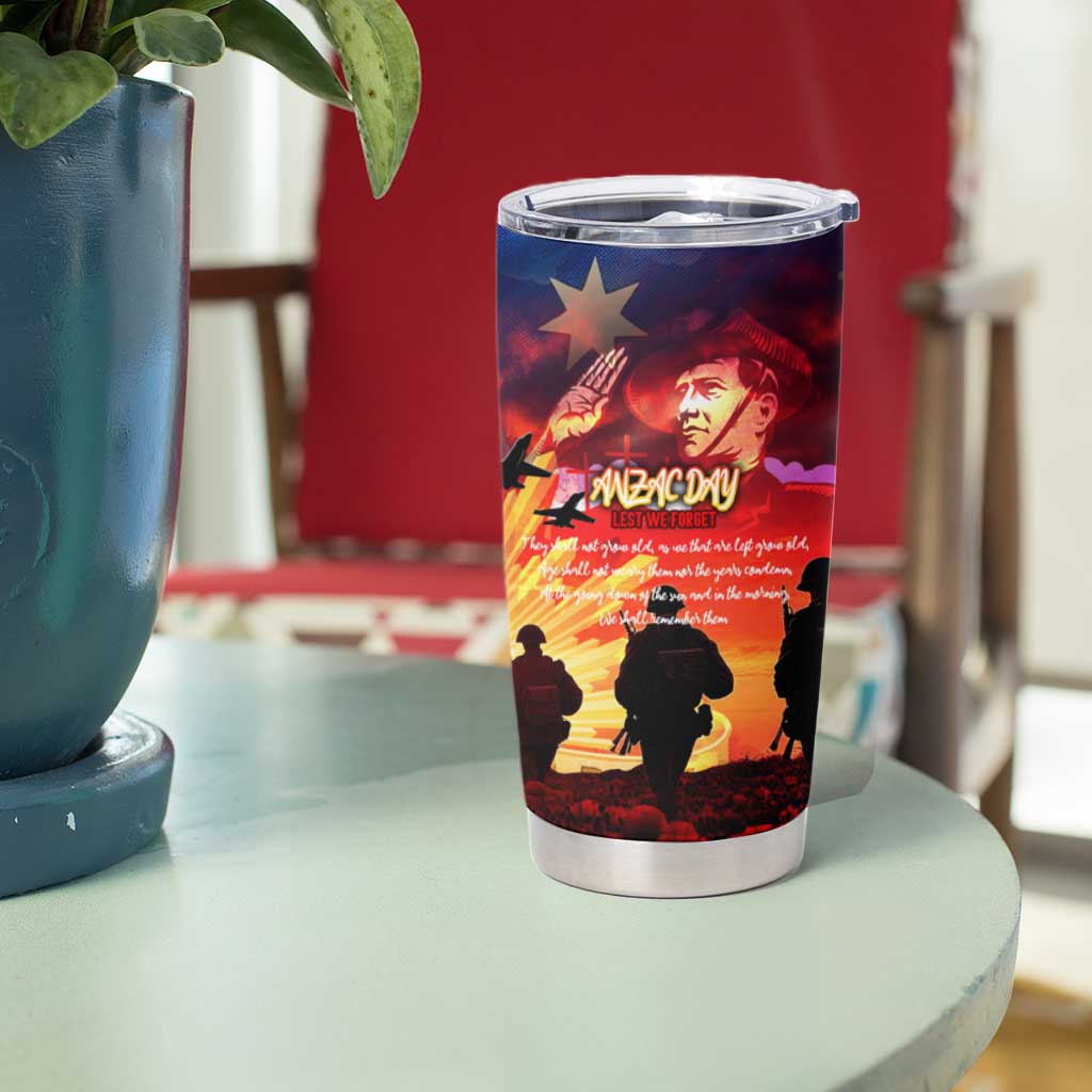 Australia ANZAC Day Tumbler Cup Let We Forget - Tribute Art with Soldiers and Poppies