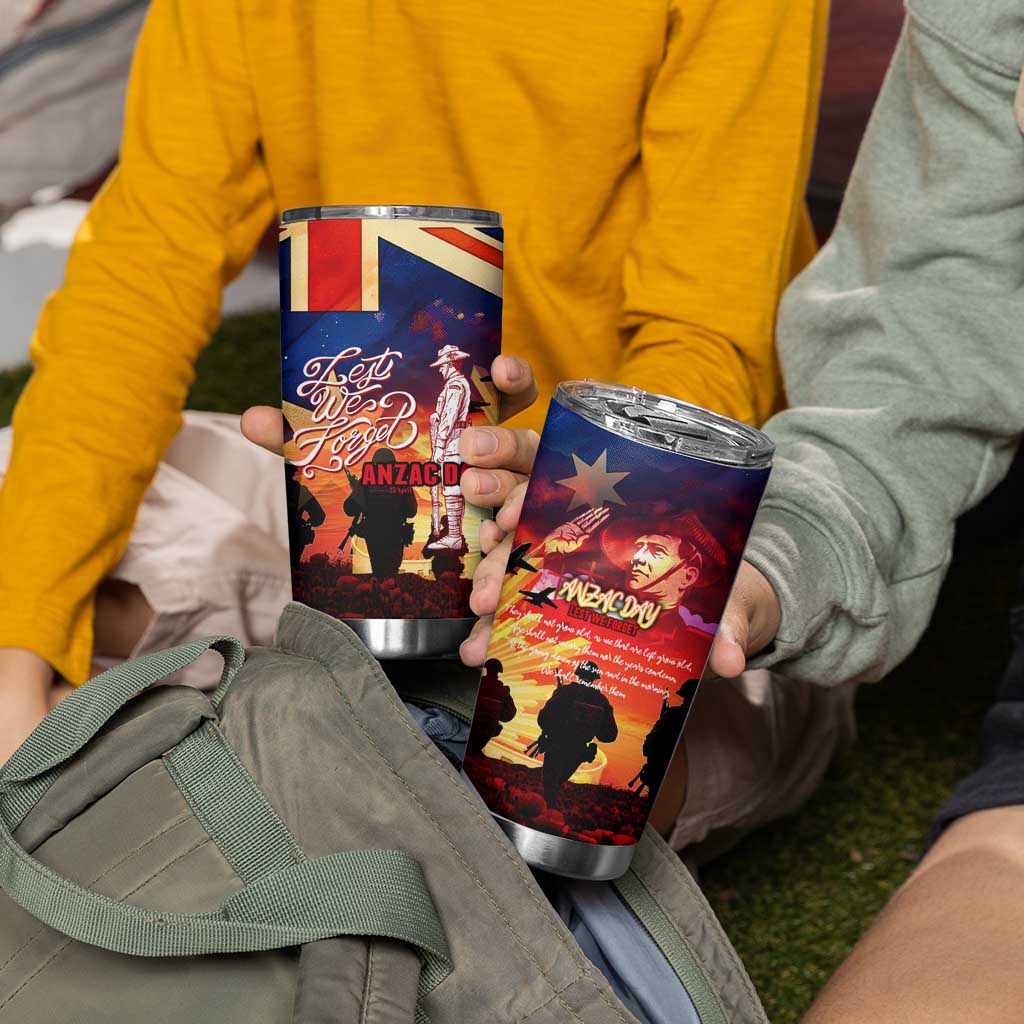 Australia ANZAC Day Tumbler Cup Let We Forget - Tribute Art with Soldiers and Poppies