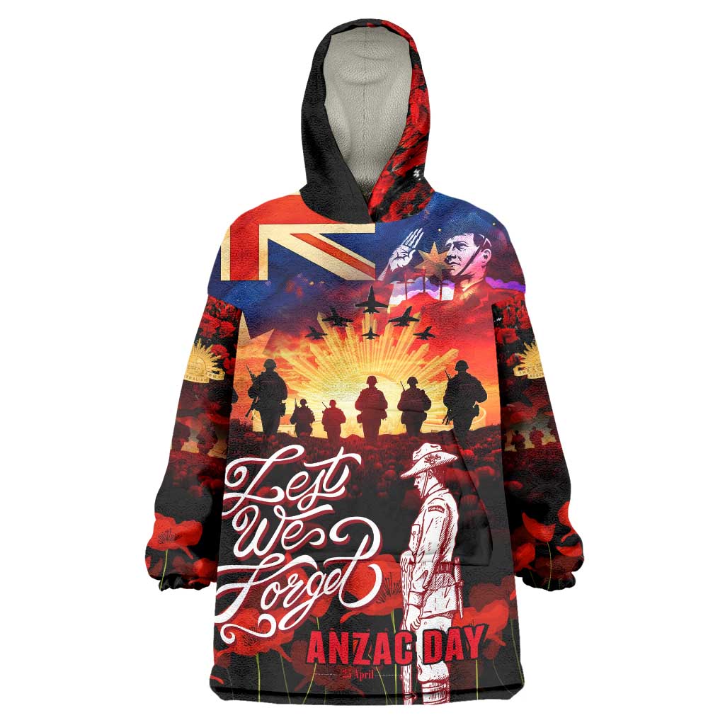 Australia ANZAC Day Wearable Blanket Hoodie Let We Forget - Tribute Art with Soldiers and Poppies