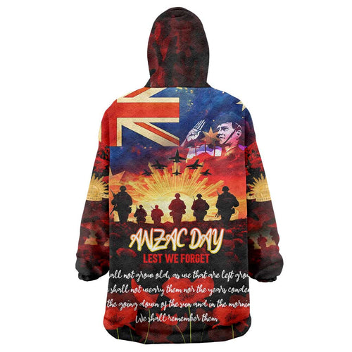 Australia ANZAC Day Wearable Blanket Hoodie Let We Forget - Tribute Art with Soldiers and Poppies