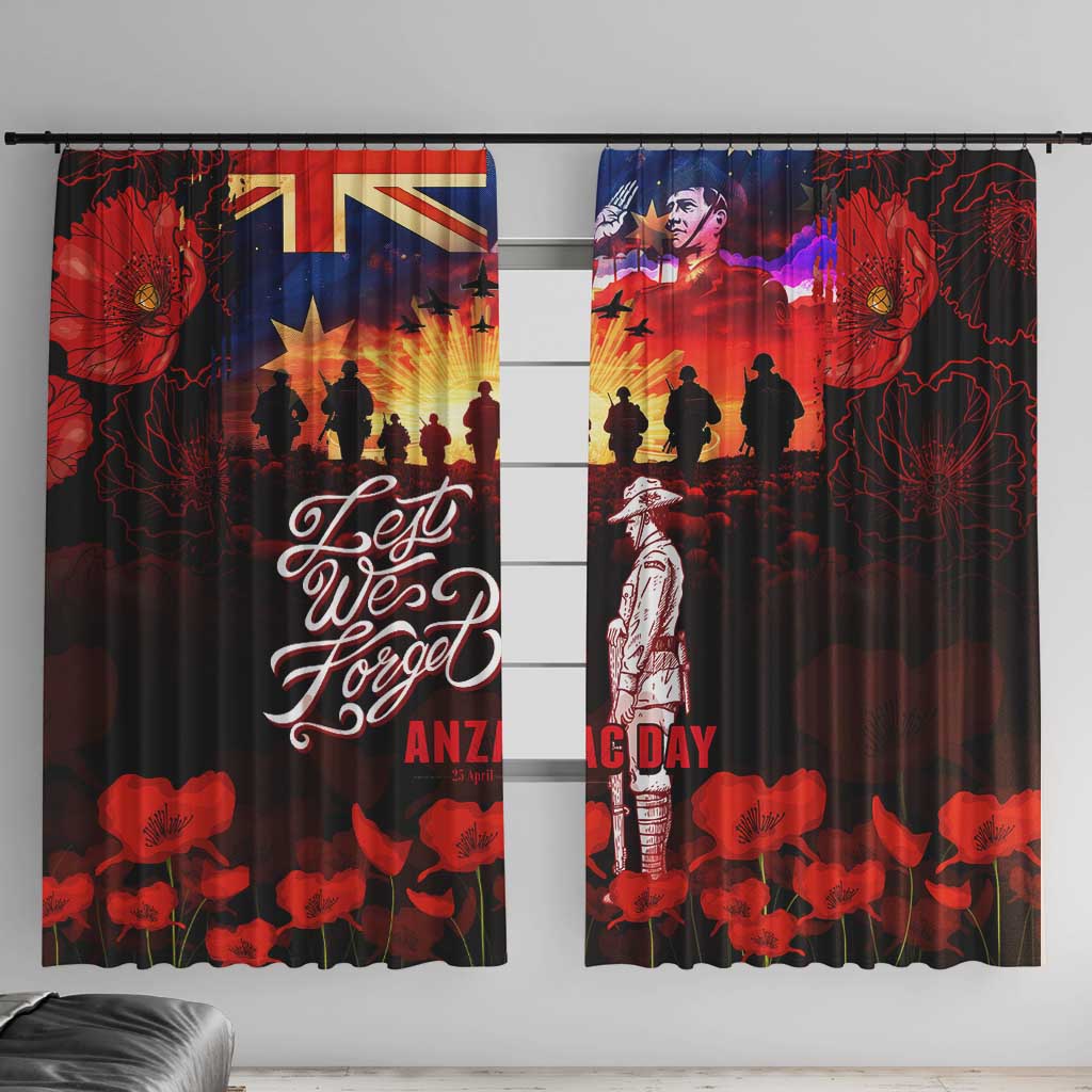 Australia ANZAC Day Window Curtain Let We Forget - Tribute Art with Soldiers and Poppies