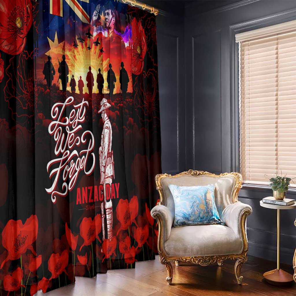 Australia ANZAC Day Window Curtain Let We Forget - Tribute Art with Soldiers and Poppies