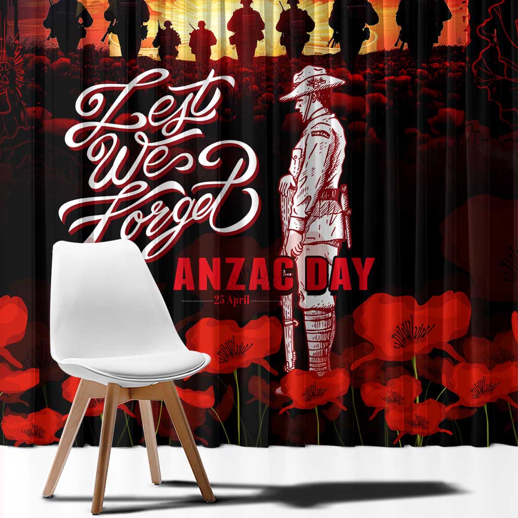 Australia ANZAC Day Window Curtain Let We Forget - Tribute Art with Soldiers and Poppies