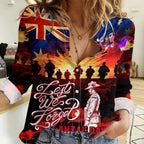 Australia ANZAC Day Women Casual Shirt Let We Forget - Tribute Art with Soldiers and Poppies