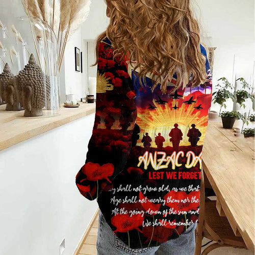 Australia ANZAC Day Women Casual Shirt Let We Forget - Tribute Art with Soldiers and Poppies