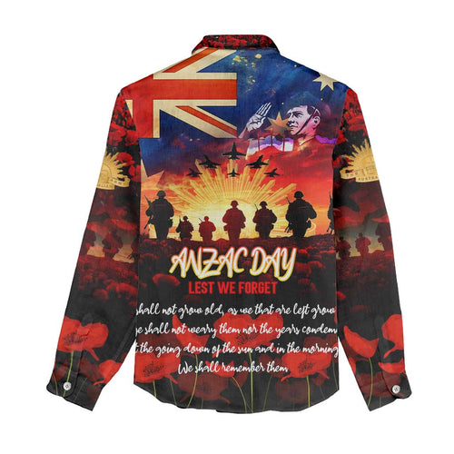 Australia ANZAC Day Women Casual Shirt Let We Forget - Tribute Art with Soldiers and Poppies