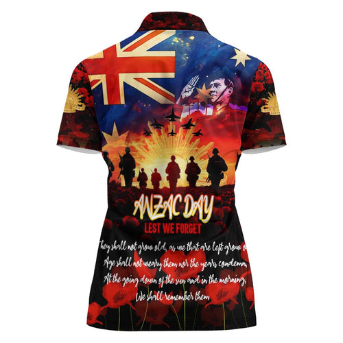 Australia ANZAC Day Women Polo Shirt Let We Forget - Tribute Art with Soldiers and Poppies