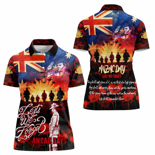 Australia ANZAC Day Women Polo Shirt Let We Forget - Tribute Art with Soldiers and Poppies