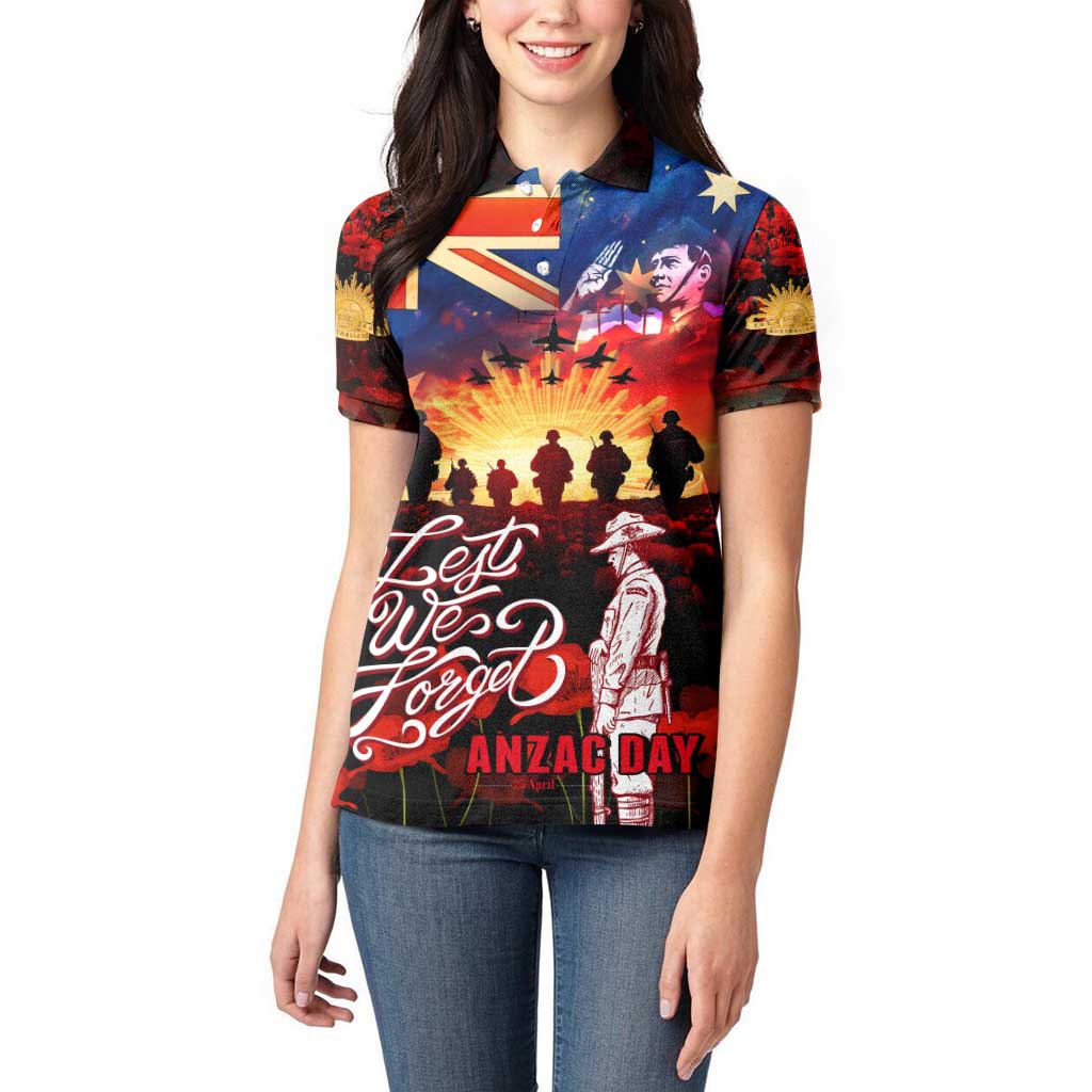 Australia ANZAC Day Women Polo Shirt Let We Forget - Tribute Art with Soldiers and Poppies