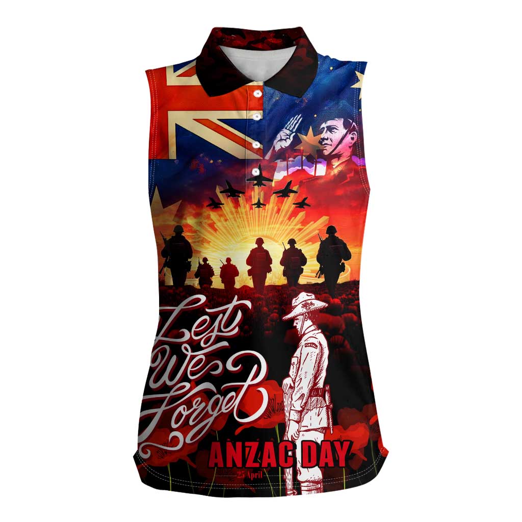 Australia ANZAC Day Women Sleeveless Polo Shirt Let We Forget - Tribute Art with Soldiers and Poppies