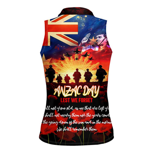 Australia ANZAC Day Women Sleeveless Polo Shirt Let We Forget - Tribute Art with Soldiers and Poppies