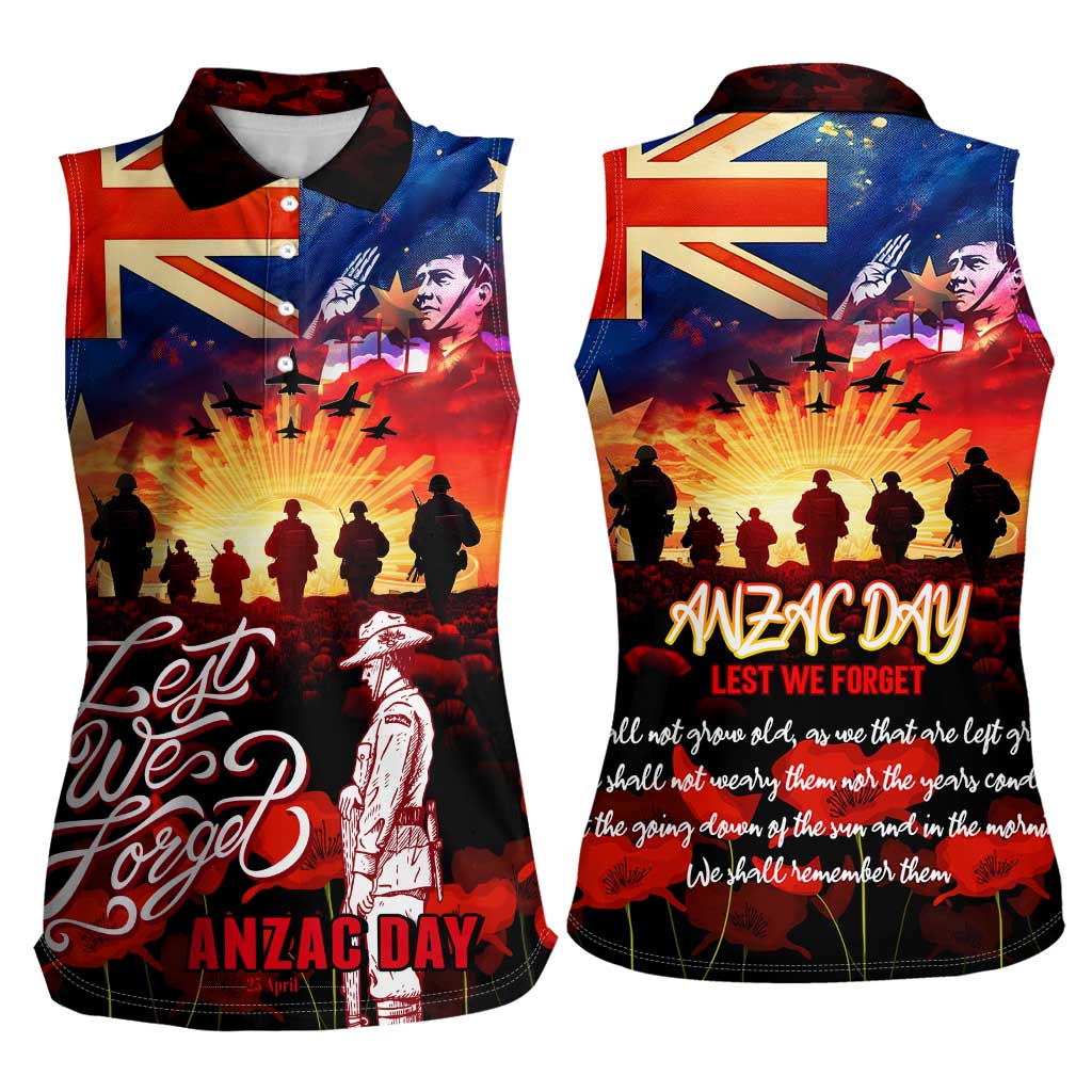 Australia ANZAC Day Women Sleeveless Polo Shirt Let We Forget - Tribute Art with Soldiers and Poppies