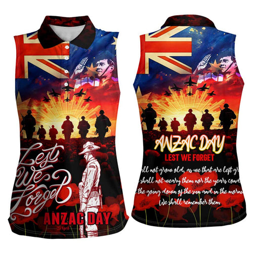 Australia ANZAC Day Women Sleeveless Polo Shirt Let We Forget - Tribute Art with Soldiers and Poppies