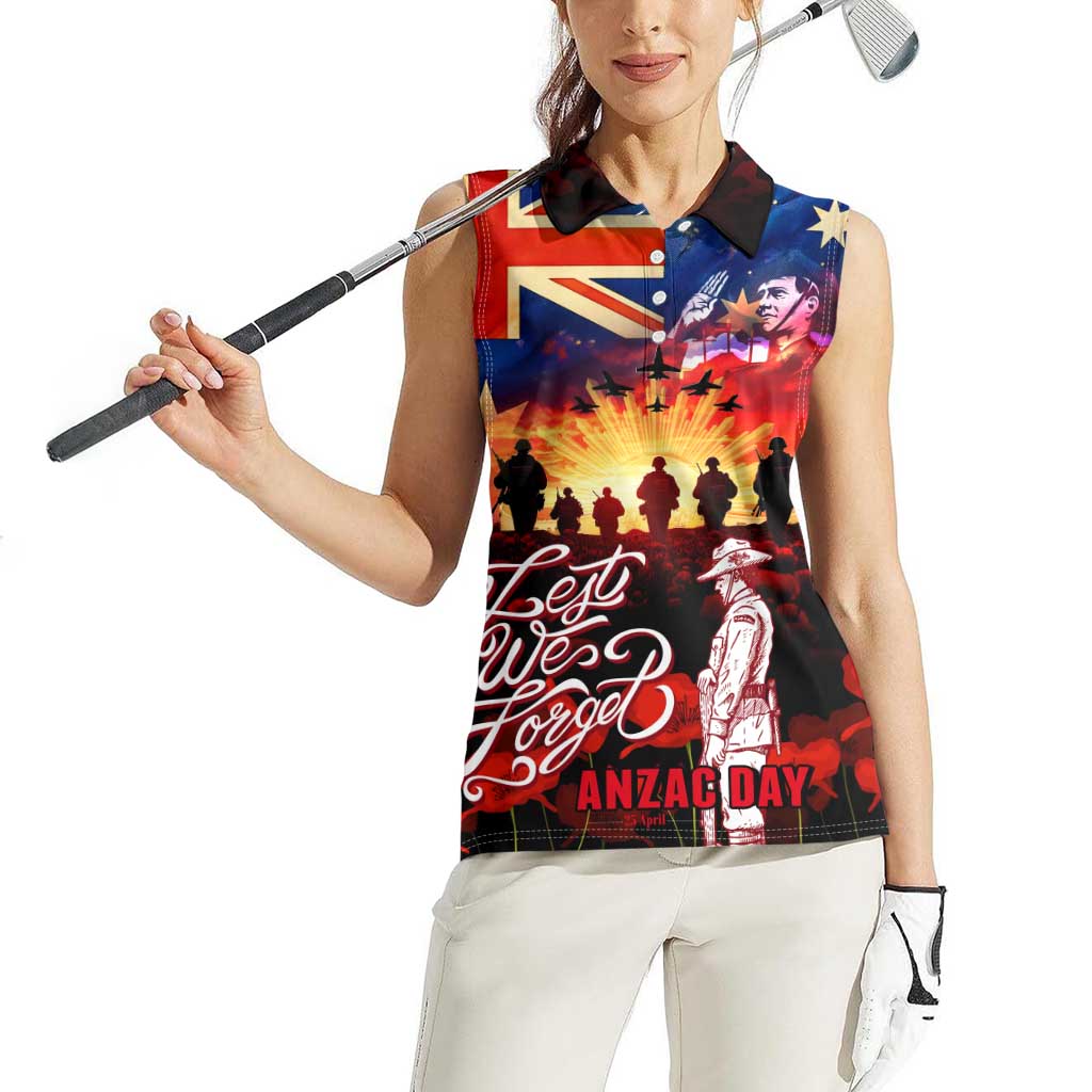 Australia ANZAC Day Women Sleeveless Polo Shirt Let We Forget - Tribute Art with Soldiers and Poppies
