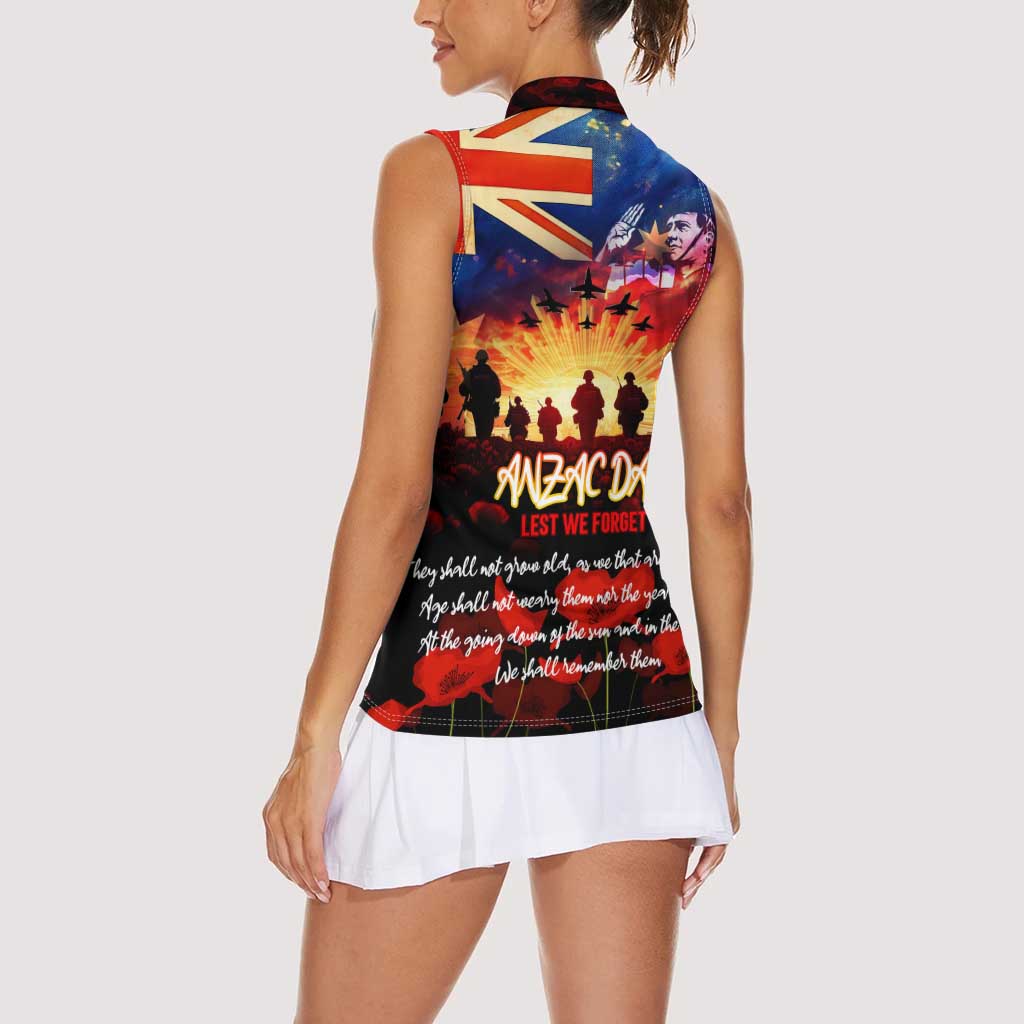 Australia ANZAC Day Women Sleeveless Polo Shirt Let We Forget - Tribute Art with Soldiers and Poppies