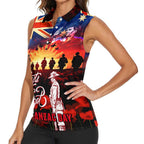 Australia ANZAC Day Women Sleeveless Polo Shirt Let We Forget - Tribute Art with Soldiers and Poppies