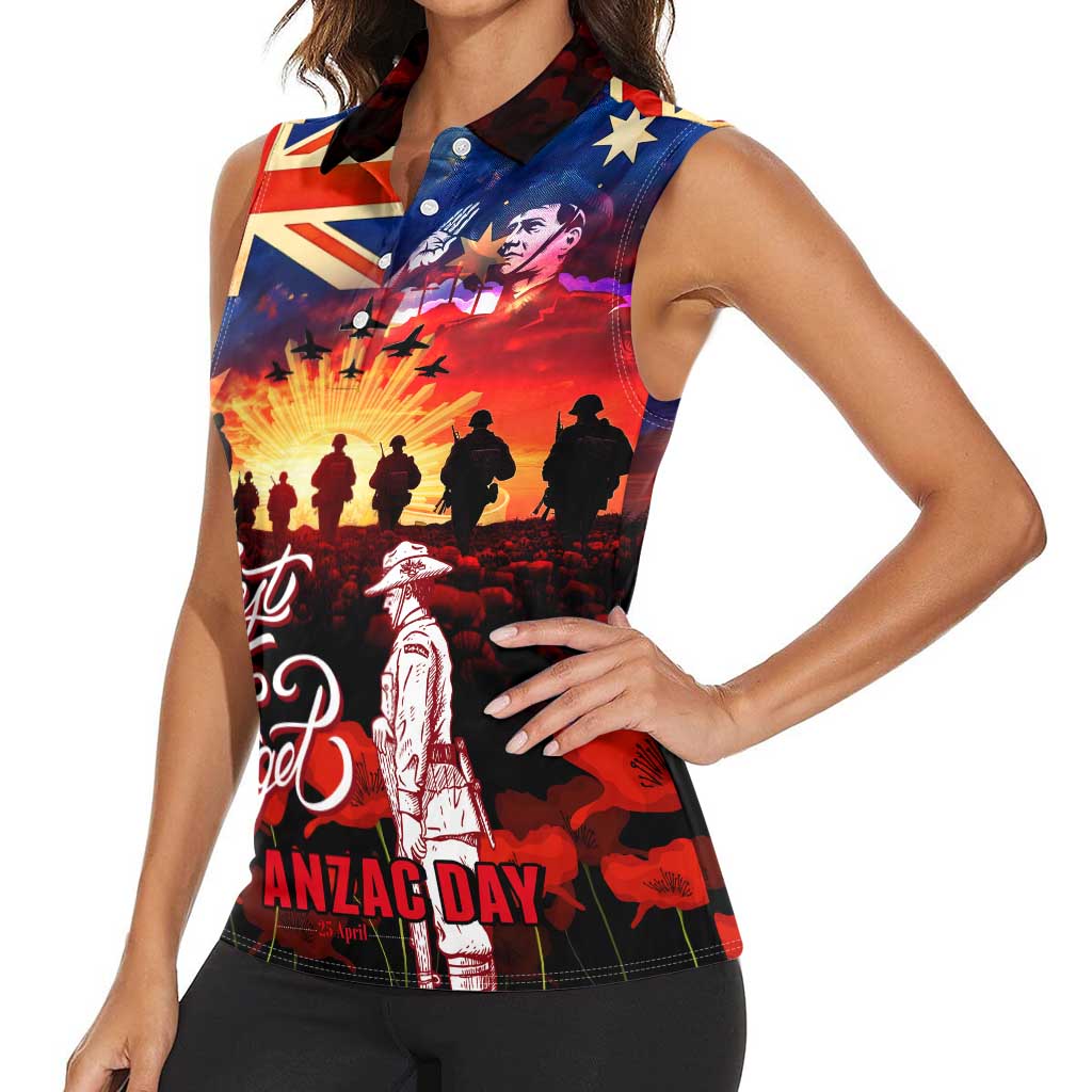 Australia ANZAC Day Women Sleeveless Polo Shirt Let We Forget - Tribute Art with Soldiers and Poppies