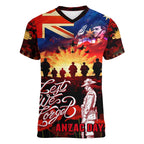 Australia ANZAC Day Women V-Neck T-Shirt Let We Forget - Tribute Art with Soldiers and Poppies