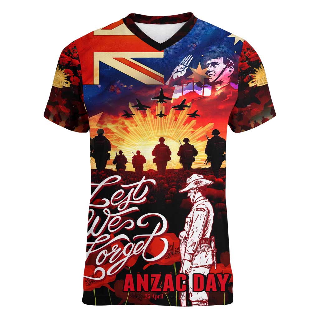 Australia ANZAC Day Women V-Neck T-Shirt Let We Forget - Tribute Art with Soldiers and Poppies