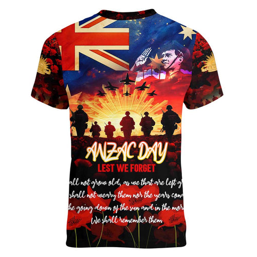 Australia ANZAC Day Women V-Neck T-Shirt Let We Forget - Tribute Art with Soldiers and Poppies