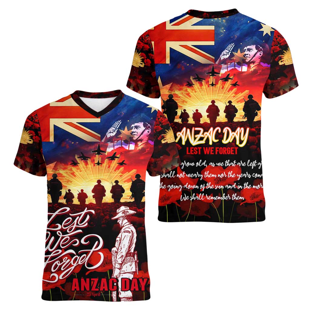 Australia ANZAC Day Women V-Neck T-Shirt Let We Forget - Tribute Art with Soldiers and Poppies