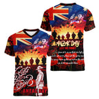 Australia ANZAC Day Women V-Neck T-Shirt Let We Forget - Tribute Art with Soldiers and Poppies