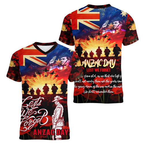 Australia ANZAC Day Women V-Neck T-Shirt Let We Forget - Tribute Art with Soldiers and Poppies