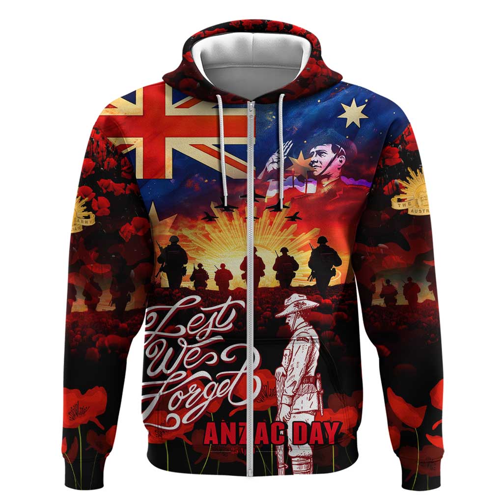 Australia ANZAC Day Zip Hoodie Let We Forget - Tribute Art with Soldiers and Poppies