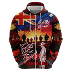 Australia ANZAC Day Zip Hoodie Let We Forget - Tribute Art with Soldiers and Poppies