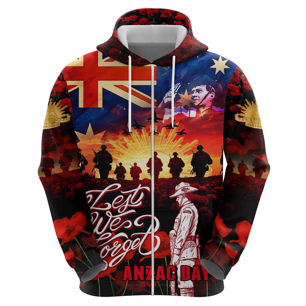 Australia ANZAC Day Zip Hoodie Let We Forget - Tribute Art with Soldiers and Poppies