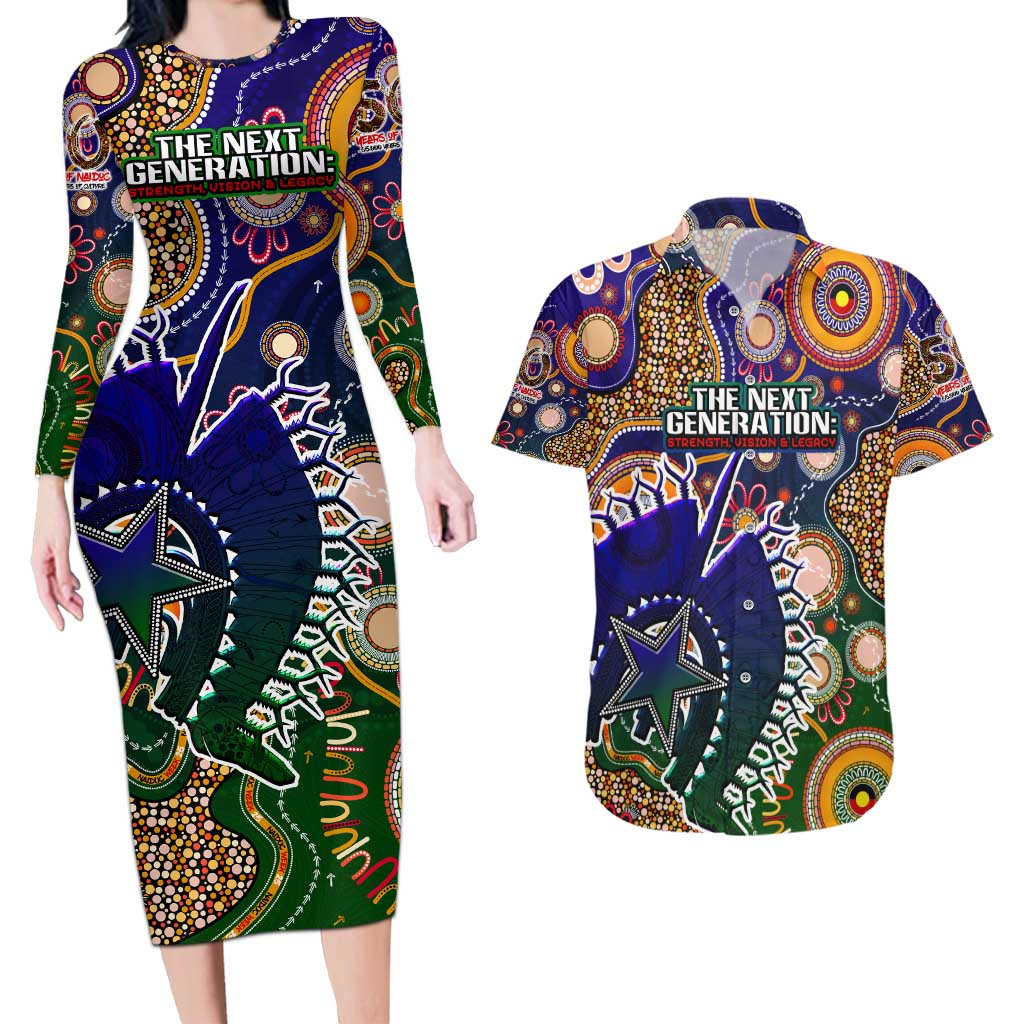 Personalised Indigenous Naidoc Week 2025 Couples Matching Long Sleeve Bodycon Dress and Hawaiian Shirt Aboriginal and Torres Strait Islands Dhari Mask