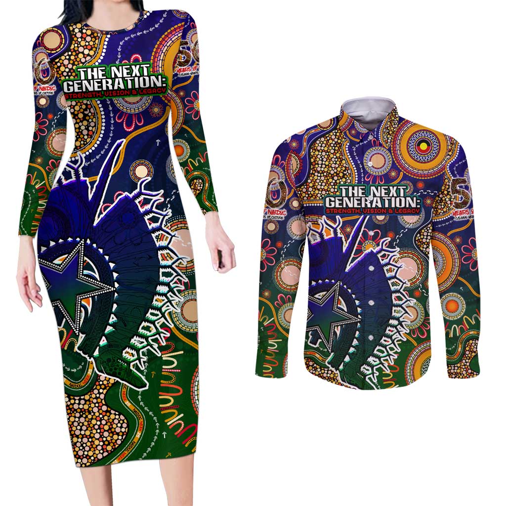 Personalised Indigenous Naidoc Week 2025 Couples Matching Long Sleeve Bodycon Dress and Long Sleeve Button Shirt Aboriginal and Torres Strait Islands Dhari Mask