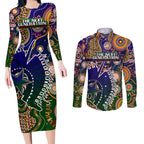 Personalised Indigenous Naidoc Week 2025 Couples Matching Long Sleeve Bodycon Dress and Long Sleeve Button Shirt Aboriginal and Torres Strait Islands Dhari Mask