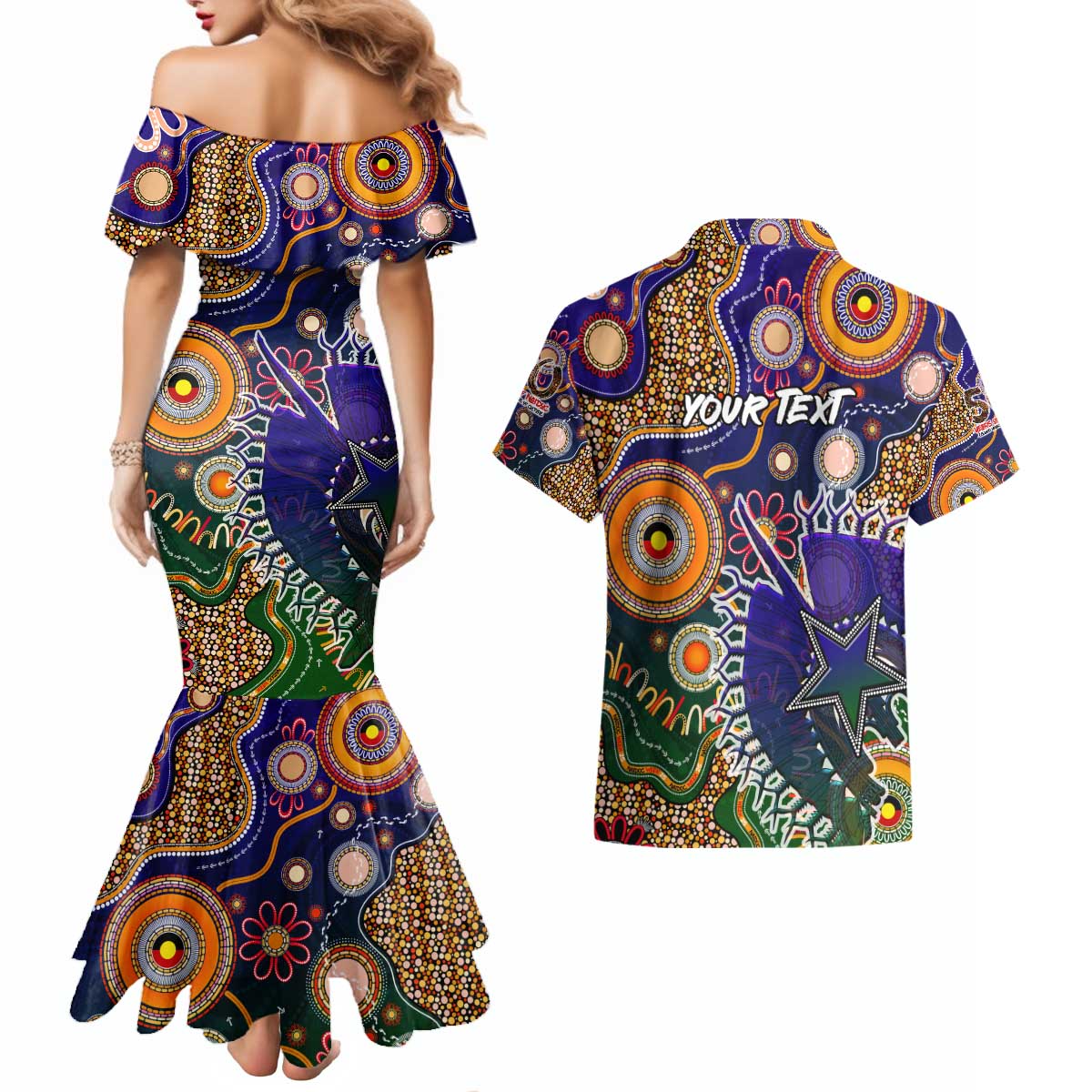 Personalised Indigenous Naidoc Week 2025 Couples Matching Mermaid Dress and Hawaiian Shirt Aboriginal and Torres Strait Islands Dhari Mask