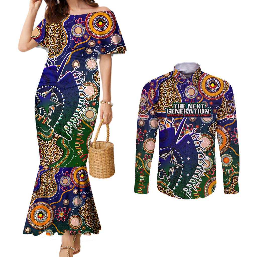 Personalised Indigenous Naidoc Week 2025 Couples Matching Mermaid Dress and Long Sleeve Button Shirt Aboriginal and Torres Strait Islands Dhari Mask