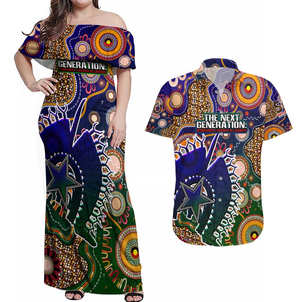 Personalised Indigenous Naidoc Week 2025 Couples Matching Off Shoulder Maxi Dress and Hawaiian Shirt Aboriginal and Torres Strait Islands Dhari Mask