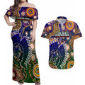 Personalised Indigenous Naidoc Week 2025 Couples Matching Off Shoulder Maxi Dress and Hawaiian Shirt Aboriginal and Torres Strait Islands Dhari Mask